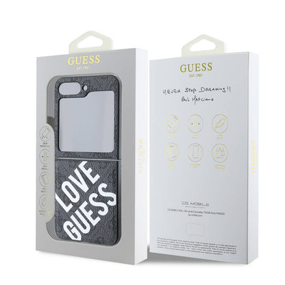 Galaxy Z Flip 6 Kılıf Guess Orjinal Lisanslı M-safe Şarj Özellikli Love Guess Printing Kapak Siyah