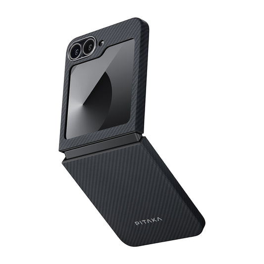 Galaxy Z Flip 6 Kılıf M-safe Şarj Özellikli 600D Aramid Fiber Pitaka Ultra-Slim Classic Serisi Black-Grey Twill Kapak Siyah-Gri