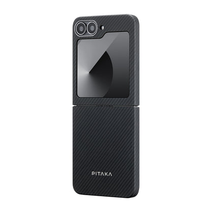 Galaxy Z Flip 6 Kılıf M-safe Şarj Özellikli 600D Aramid Fiber Pitaka Ultra-Slim Classic Serisi Black-Grey Twill Kapak Siyah-Gri