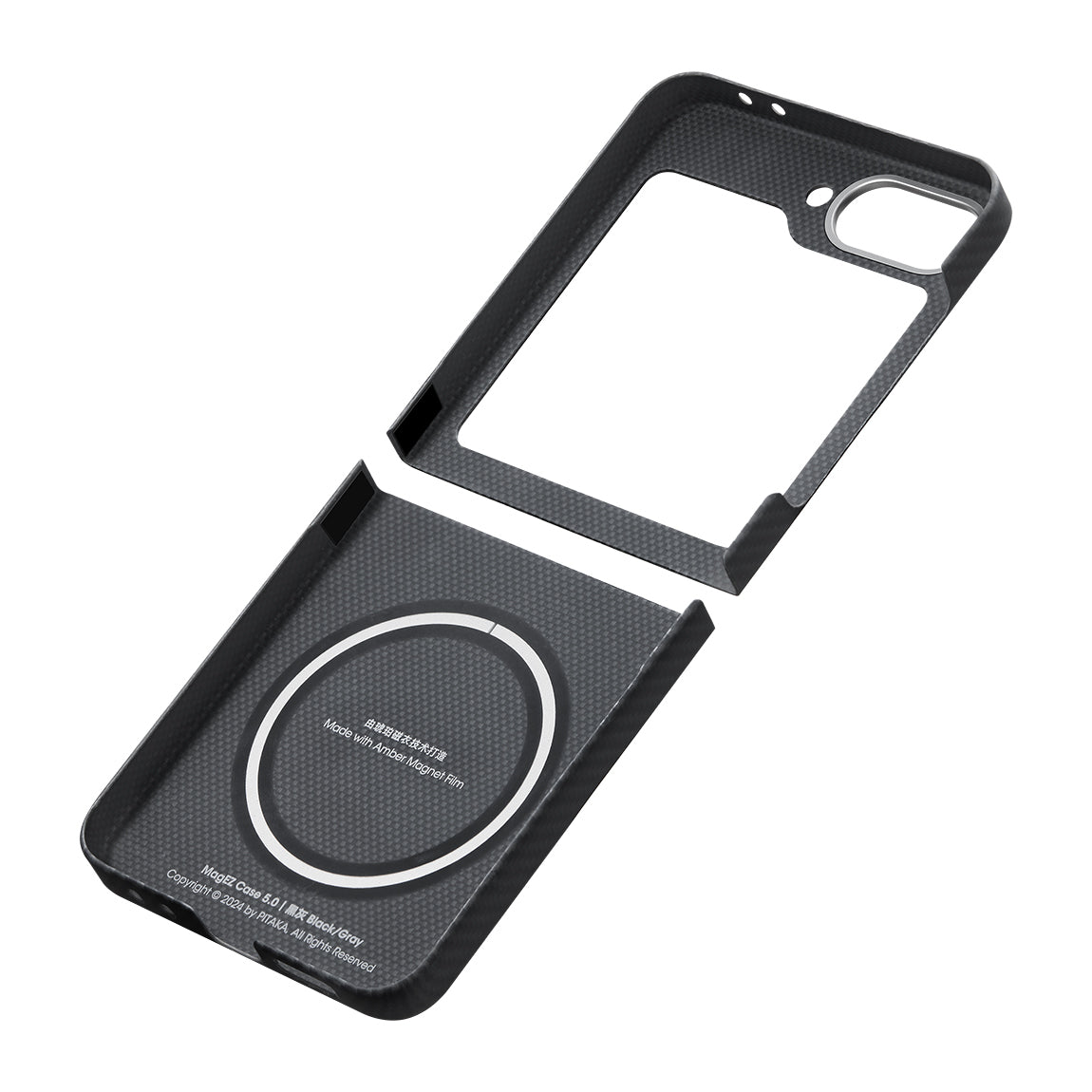 Galaxy Z Flip 6 Kılıf M-safe Şarj Özellikli 600D Aramid Fiber Pitaka Ultra-Slim Classic Serisi Black-Grey Twill Kapak Siyah-Gri