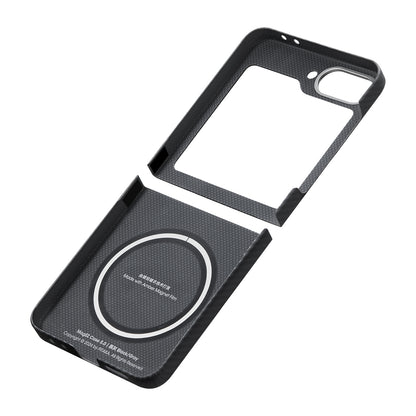 Galaxy Z Flip 6 Kılıf M-safe Şarj Özellikli 600D Aramid Fiber Pitaka Ultra-Slim Classic Serisi Black-Grey Twill Kapak Siyah-Gri