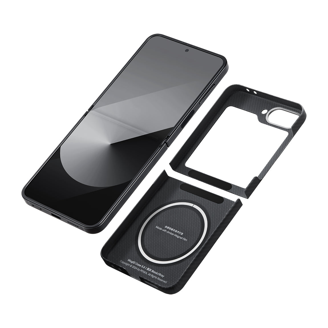 Galaxy Z Flip 6 Kılıf M-safe Şarj Özellikli 600D Aramid Fiber Pitaka Ultra-Slim Classic Serisi Black-Grey Twill Kapak Siyah-Gri