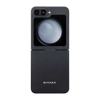 Galaxy Z Flip 6 Kılıf M-safe Şarj Özellikli 600D Aramid Fiber Pitaka Ultra-Slim Classic Serisi Black-Grey Twill Kapak Siyah-Gri