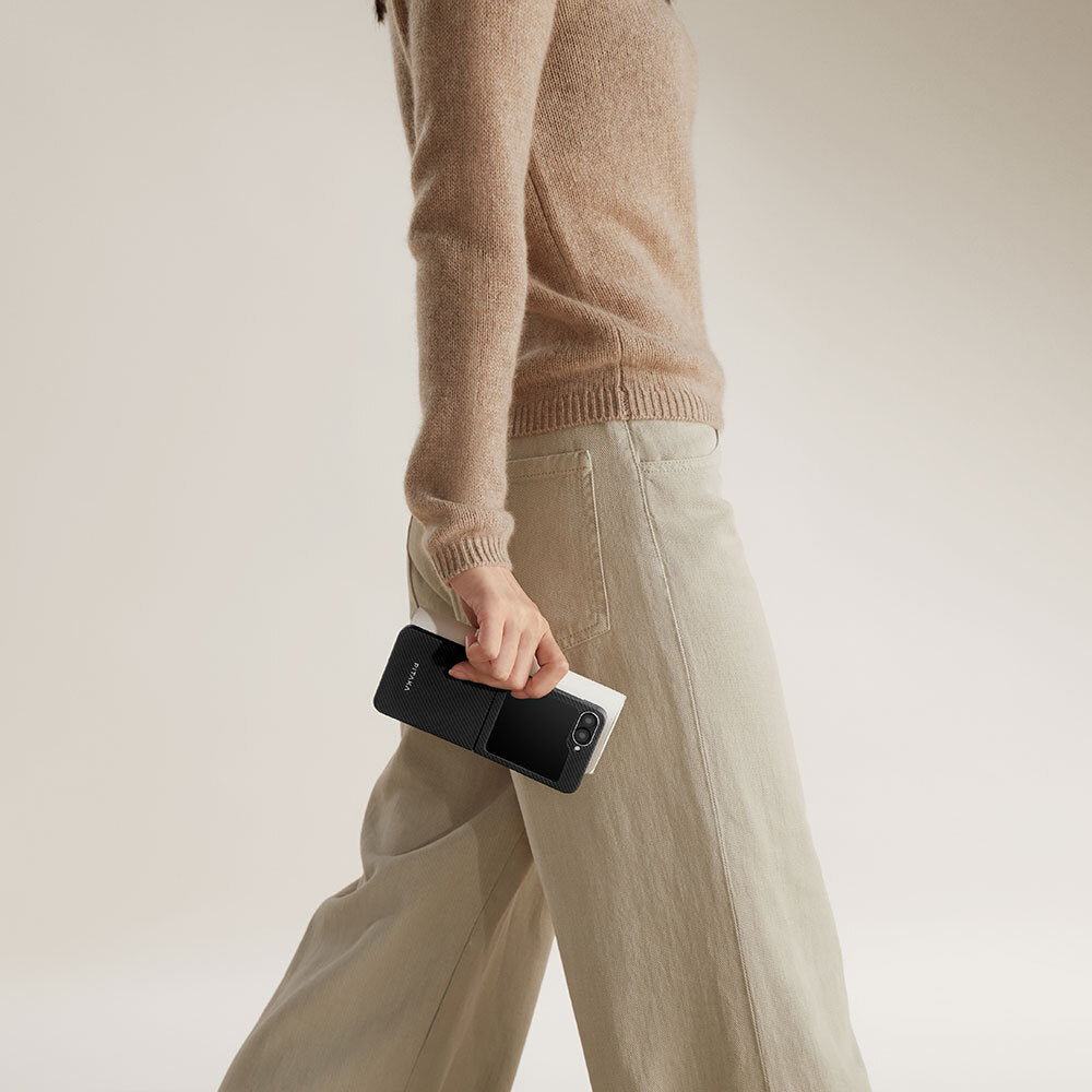 Galaxy Z Flip 6 Kılıf M-safe Şarj Özellikli 600D Aramid Fiber Pitaka Ultra-Slim Classic Serisi Black-Grey Twill Kapak Siyah-Gri