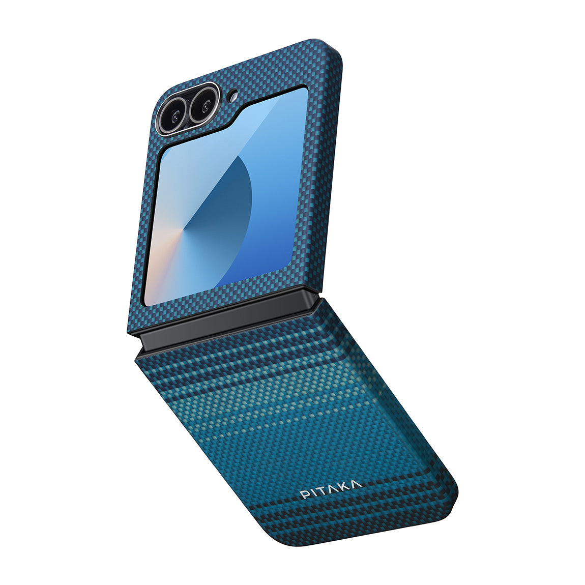 Galaxy Z Flip 6 Kılıf M-safe Şarj Özellikli Aramid Fiber Pitaka Tactile Woven Sunset-Moonrise Serisi Moonrise Kapak Mavi