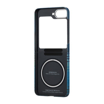 Galaxy Z Flip 6 Kılıf M-safe Şarj Özellikli Aramid Fiber Pitaka Tactile Woven Sunset-Moonrise Serisi Moonrise Kapak Mavi