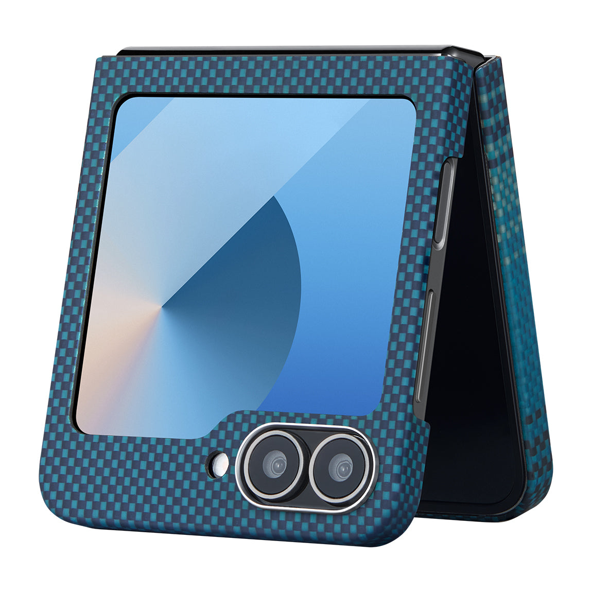 Galaxy Z Flip 6 Kılıf M-safe Şarj Özellikli Aramid Fiber Pitaka Tactile Woven Sunset-Moonrise Serisi Moonrise Kapak Mavi