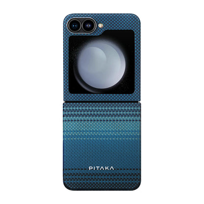 Galaxy Z Flip 6 Kılıf M-safe Şarj Özellikli Aramid Fiber Pitaka Tactile Woven Sunset-Moonrise Serisi Moonrise Kapak Mavi