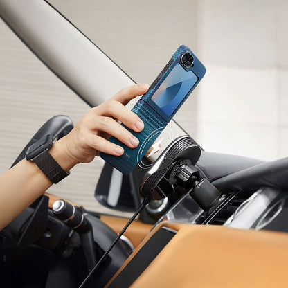 Galaxy Z Flip 6 Kılıf M-safe Şarj Özellikli Aramid Fiber Pitaka Tactile Woven Sunset-Moonrise Serisi Moonrise Kapak Mavi