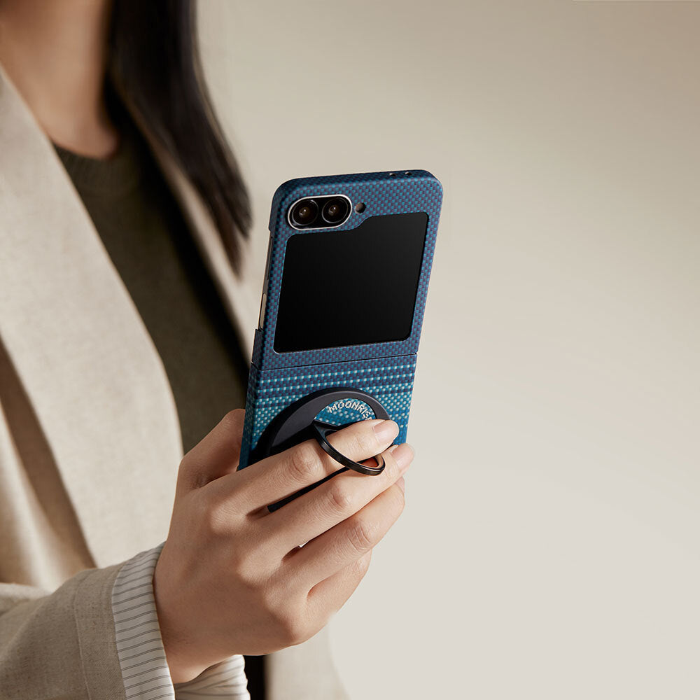 Galaxy Z Flip 6 Kılıf M-safe Şarj Özellikli Aramid Fiber Pitaka Tactile Woven Sunset-Moonrise Serisi Moonrise Kapak Mavi