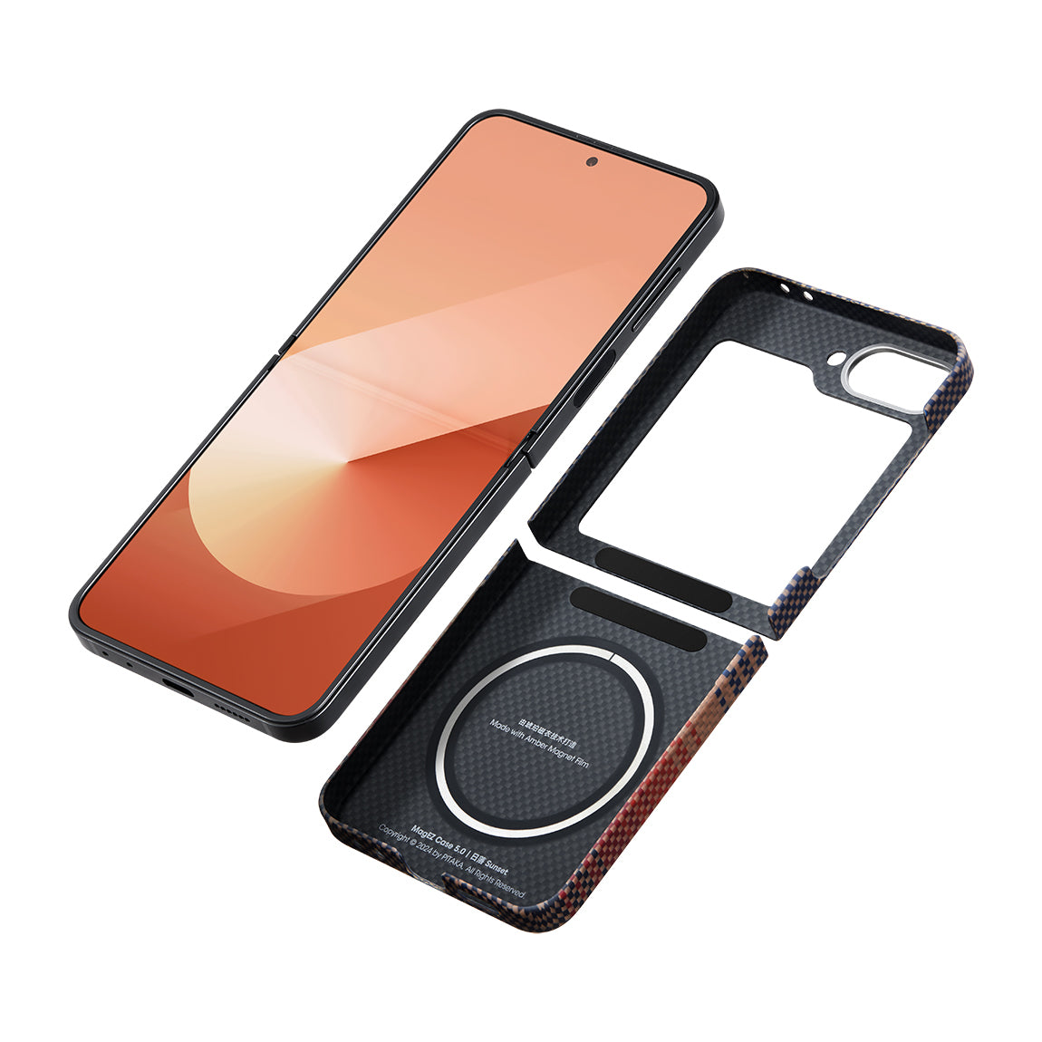 Galaxy Z Flip 6 Kılıf M-safe Şarj Özellikli Aramid Fiber Pitaka Tactile Woven Sunset-Moonrise Serisi Sunset Kapak Kahverengi