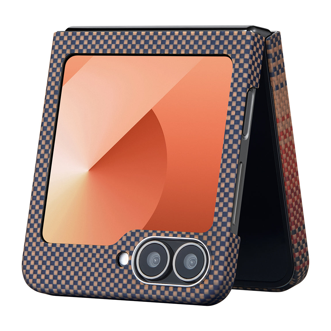 Galaxy Z Flip 6 Kılıf M-safe Şarj Özellikli Aramid Fiber Pitaka Tactile Woven Sunset-Moonrise Serisi Sunset Kapak Kahverengi