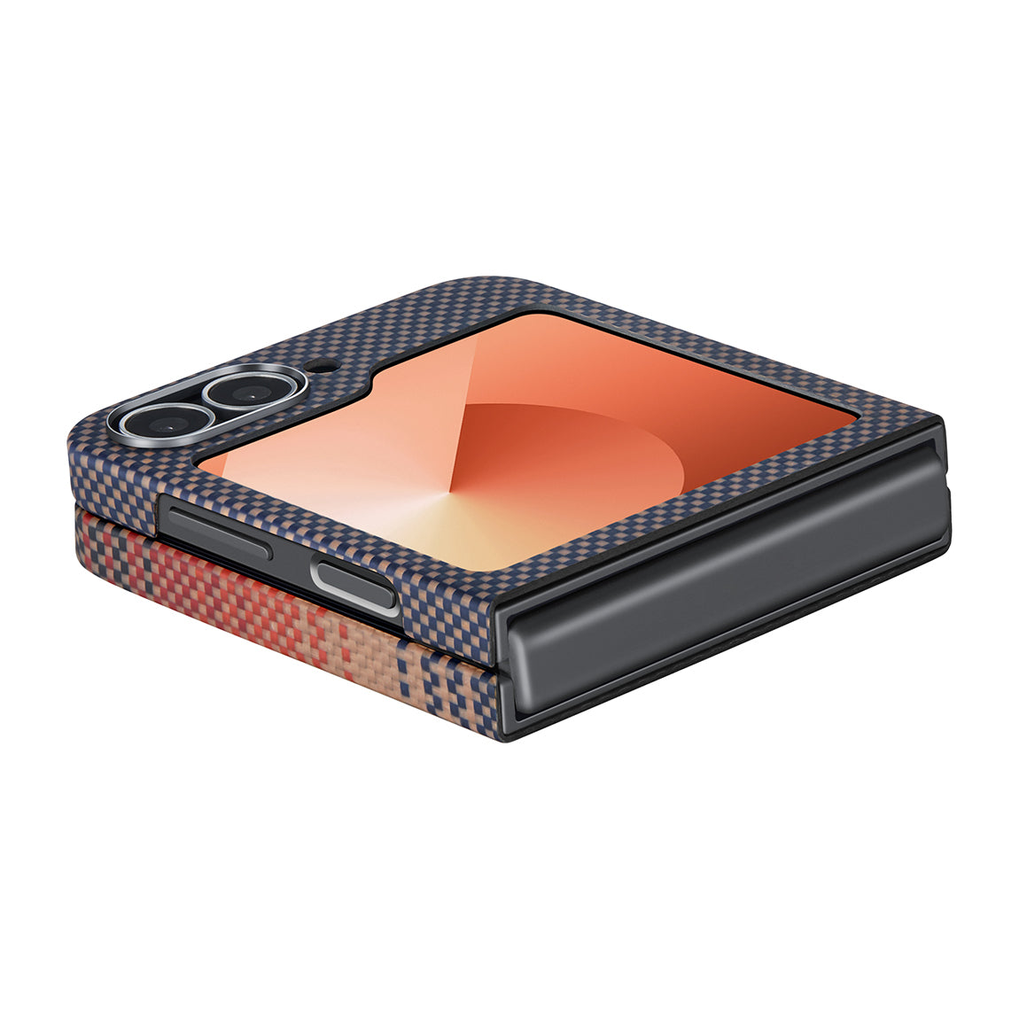 Galaxy Z Flip 6 Kılıf M-safe Şarj Özellikli Aramid Fiber Pitaka Tactile Woven Sunset-Moonrise Serisi Sunset Kapak Kahverengi