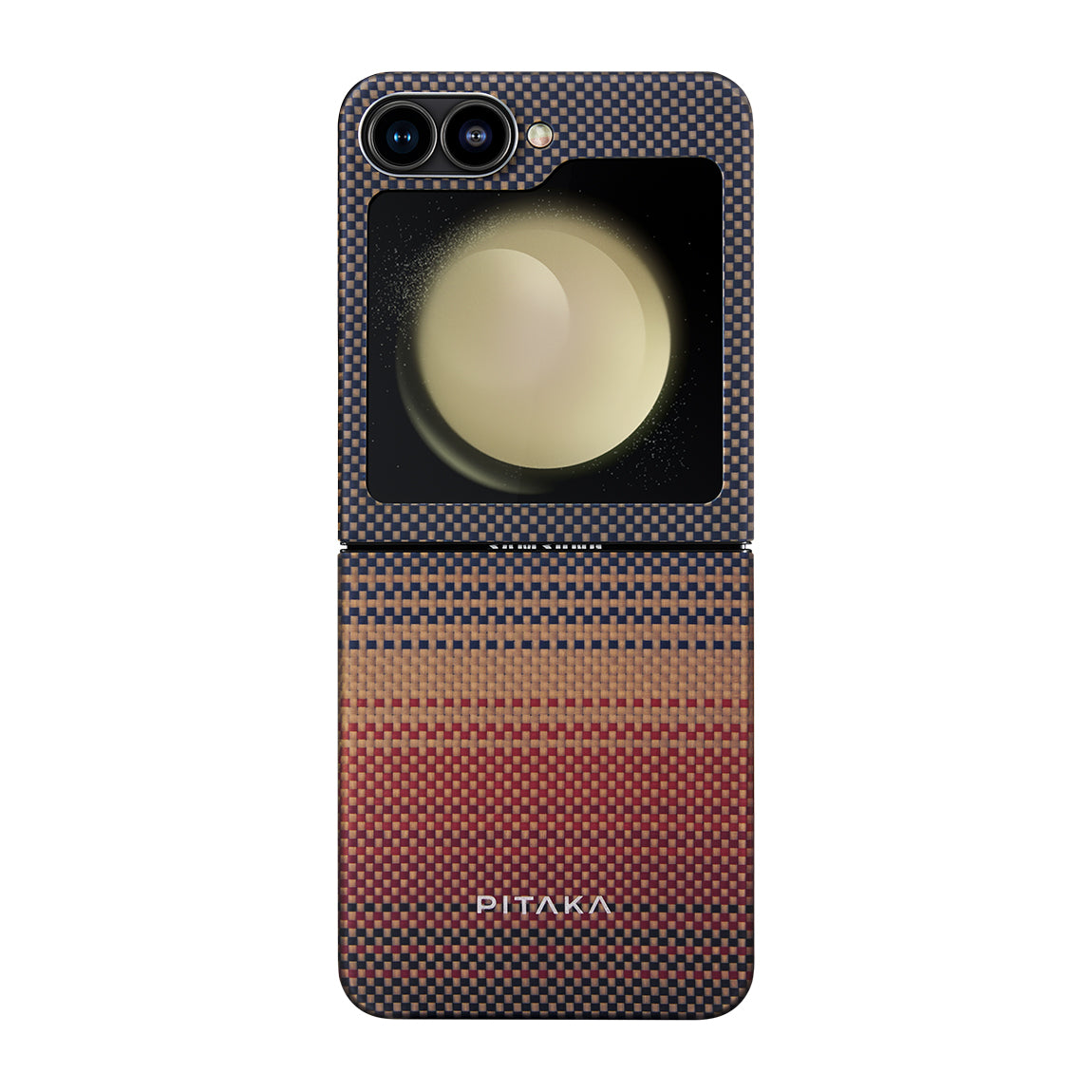 Galaxy Z Flip 6 Kılıf M-safe Şarj Özellikli Aramid Fiber Pitaka Tactile Woven Sunset-Moonrise Serisi Sunset Kapak Kahverengi