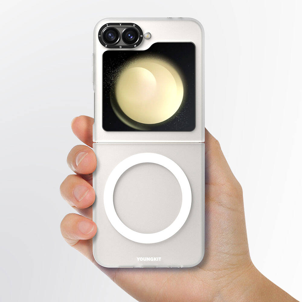 Galaxy Z Flip 6 Kılıf M-safe Şarj Özellikli Youngkit Hidden Sand Serisi Kapak Beyaz