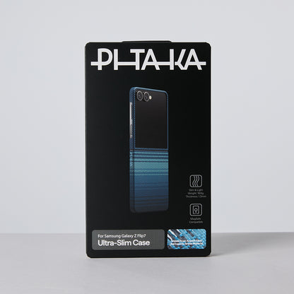 Galaxy Z Flip 7 Kılıf M-safe Şarj Özellikli Aramid Fiber Pitaka Tactile Woven Sunset-Moonrise Serisi Kapak Mavi