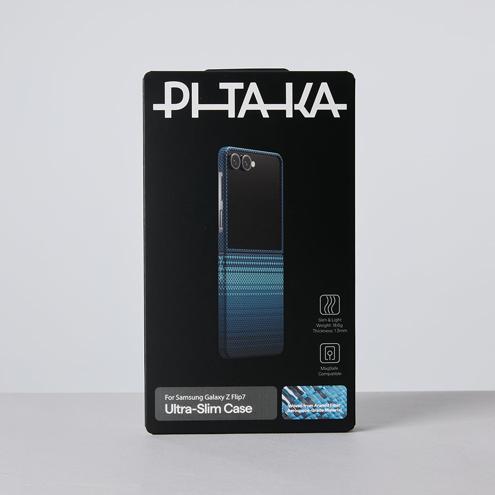 Galaxy Z Flip 7 Kılıf M-safe Şarj Özellikli Aramid Fiber Pitaka Tactile Woven Sunset-Moonrise Serisi Kapak Kahverengi