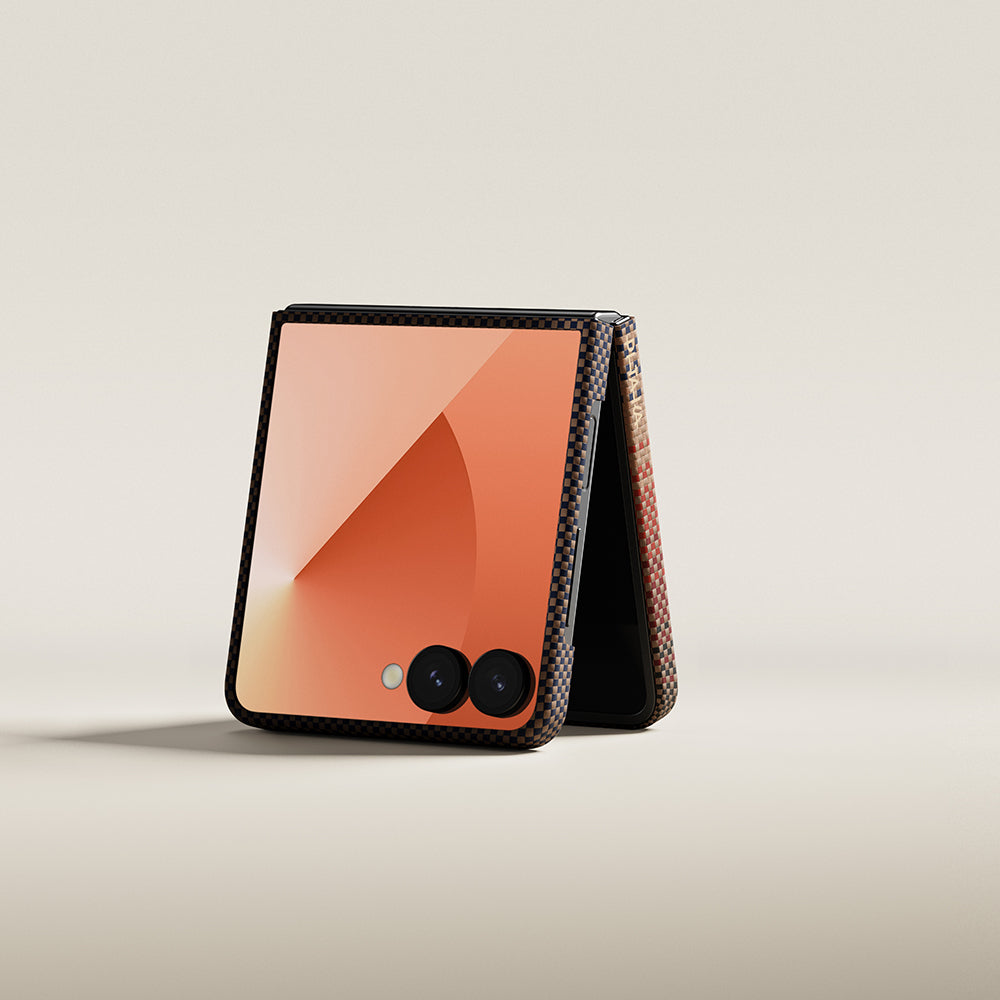 Galaxy Z Flip 7 Kılıf M-safe Şarj Özellikli Aramid Fiber Pitaka Tactile Woven Sunset-Moonrise Serisi Kapak Mavi