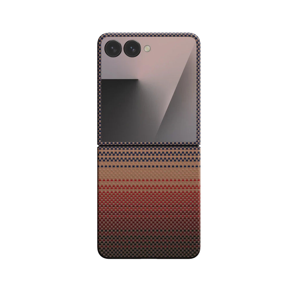 Galaxy Z Flip 7 Kılıf M-safe Şarj Özellikli Aramid Fiber Pitaka Tactile Woven Sunset-Moonrise Serisi Kapak Mavi