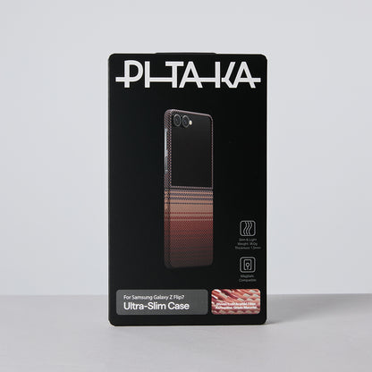 Galaxy Z Flip 7 Kılıf M-safe Şarj Özellikli Aramid Fiber Pitaka Tactile Woven Sunset-Moonrise Serisi Kapak Mavi