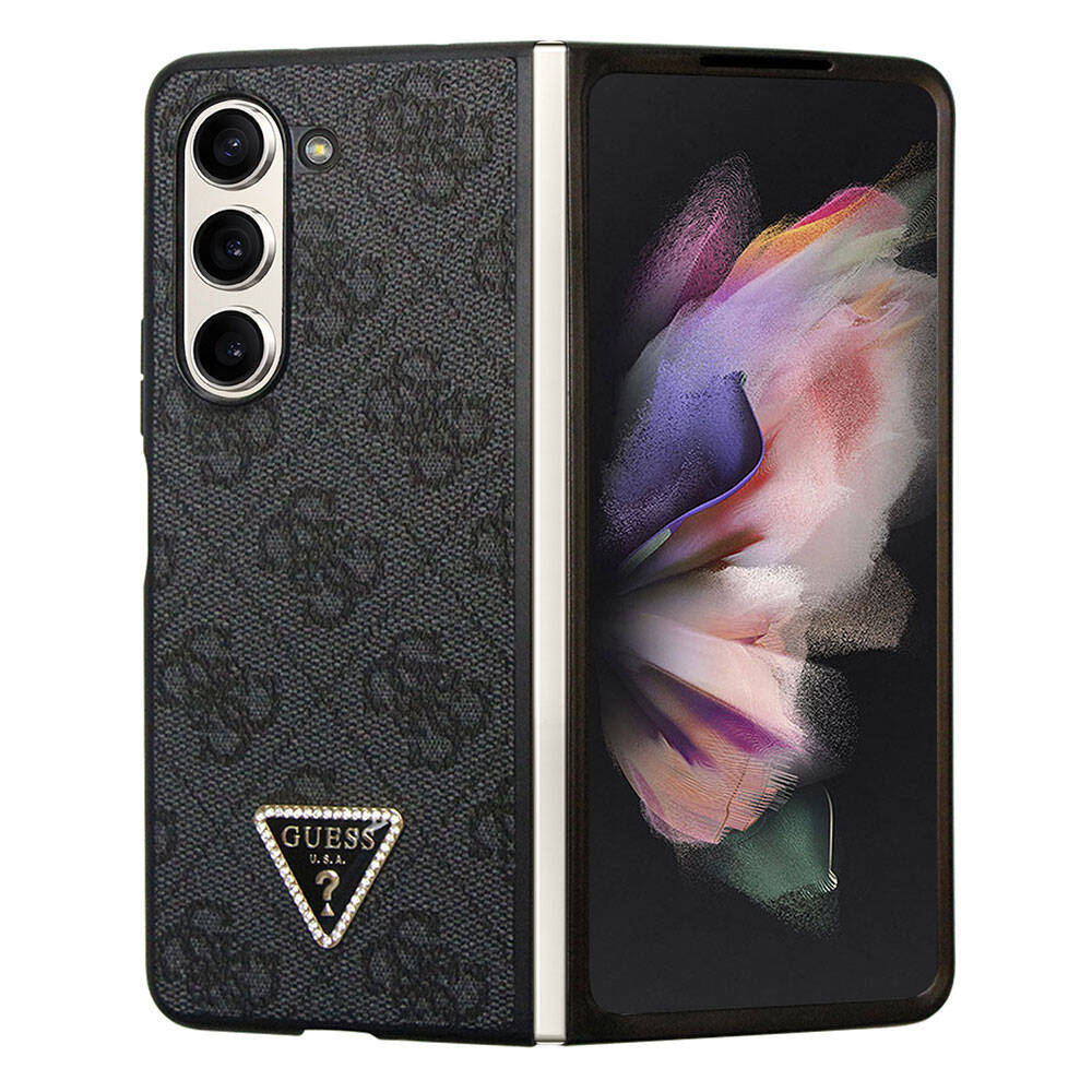 Galaxy Z Fold 5 Kılıf Guess Orjinal Lisanslı PU Deri Taşlı Üçgen Logo 4G Desenli Strass Kapak Pembe