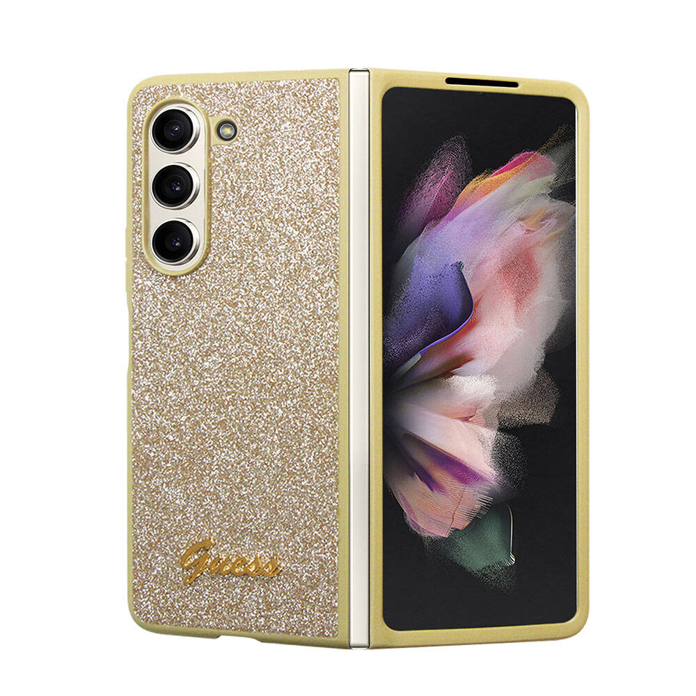 Galaxy Z Fold 5 Kılıf Guess Orjinal Lisanslı Yazı Logolu Glitter Script Kapak Gold