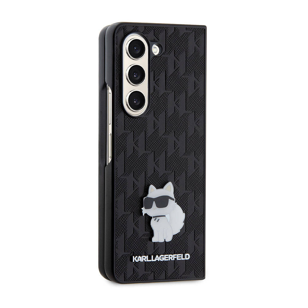 Galaxy Z Fold 5 Kılıf Karl Lagerfeld Orjinal Lisanslı KL Desenli Choupette İkonik Saffiano Kapak Siyah
