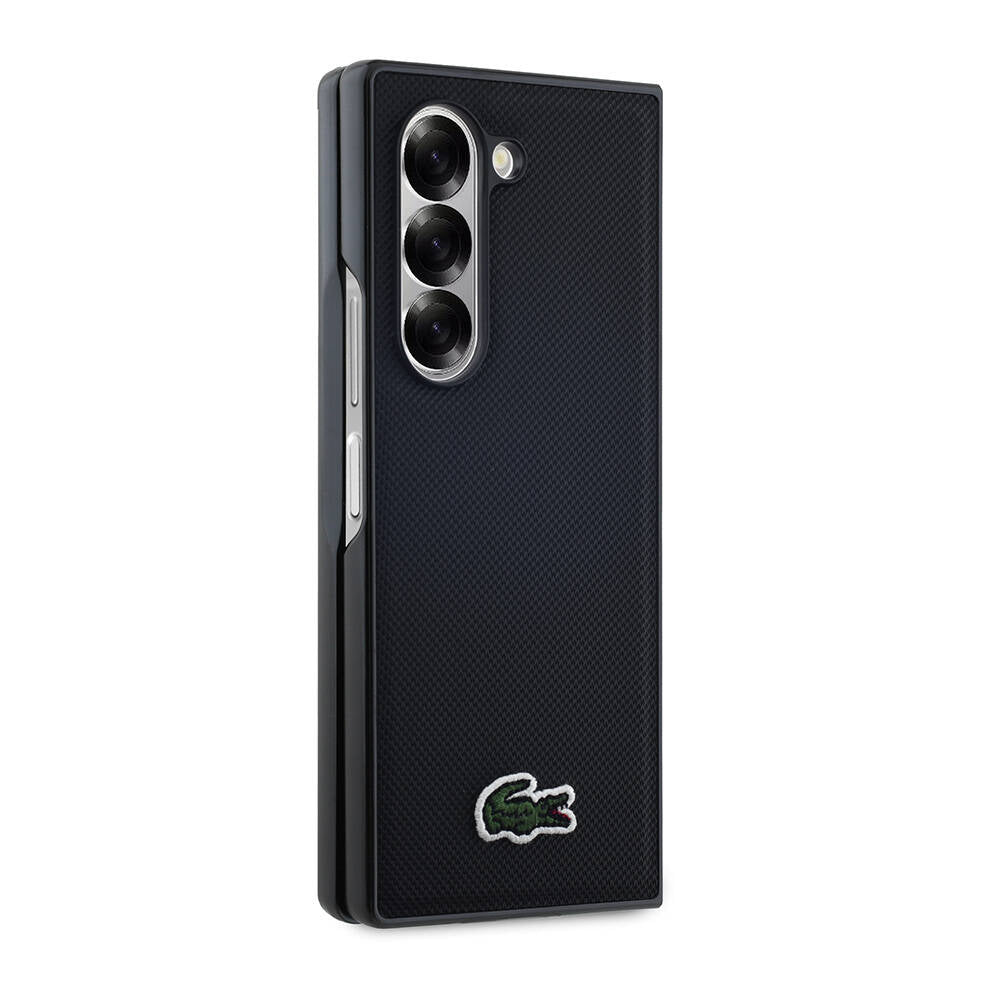 Galaxy Z Fold 6 Kılıf Lacoste Orjinal Lisanslı PU Pike Desenli Arka Yüzey İkonik Timsah Dokuma Logolu Kapak Siyah