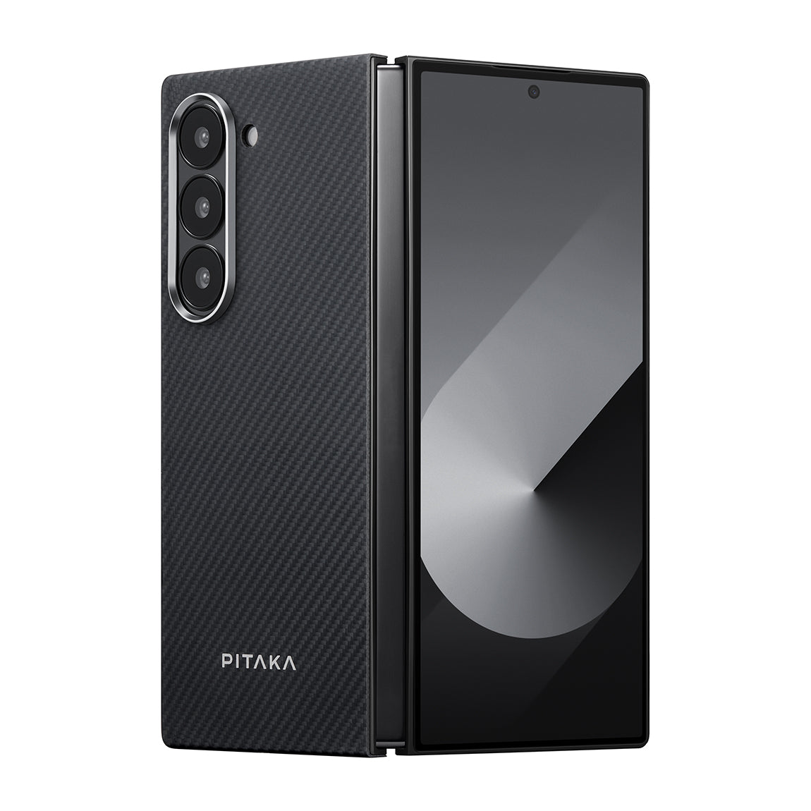 Galaxy Z Fold 6 Kılıf M-safe Şarj Özellikli 600D Aramid Fiber Pitaka Ultra-Slim Classic Serisi Black-Grey Twill Kapak Siyah-Gri