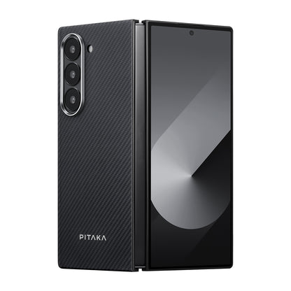 Galaxy Z Fold 6 Kılıf M-safe Şarj Özellikli 600D Aramid Fiber Pitaka Ultra-Slim Classic Serisi Black-Grey Twill Kapak Siyah-Gri