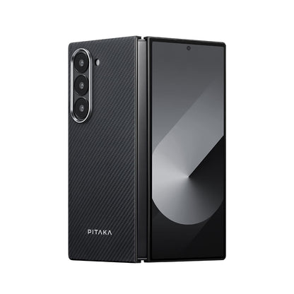 Galaxy Z Fold 6 Kılıf M-safe Şarj Özellikli 600D Aramid Fiber Pitaka Ultra-Slim Classic Serisi Black-Grey Twill Kapak Siyah-Gri