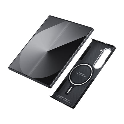 Galaxy Z Fold 6 Kılıf M-safe Şarj Özellikli 600D Aramid Fiber Pitaka Ultra-Slim Classic Serisi Black-Grey Twill Kapak Siyah-Gri