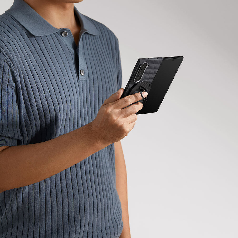 Galaxy Z Fold 6 Kılıf M-safe Şarj Özellikli 600D Aramid Fiber Pitaka Ultra-Slim Classic Serisi Black-Grey Twill Kapak Siyah-Gri