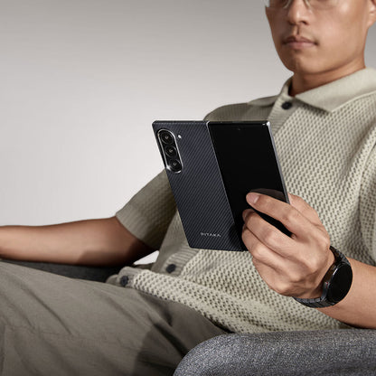 Galaxy Z Fold 6 Kılıf M-safe Şarj Özellikli 600D Aramid Fiber Pitaka Ultra-Slim Classic Serisi Black-Grey Twill Kapak Siyah-Gri