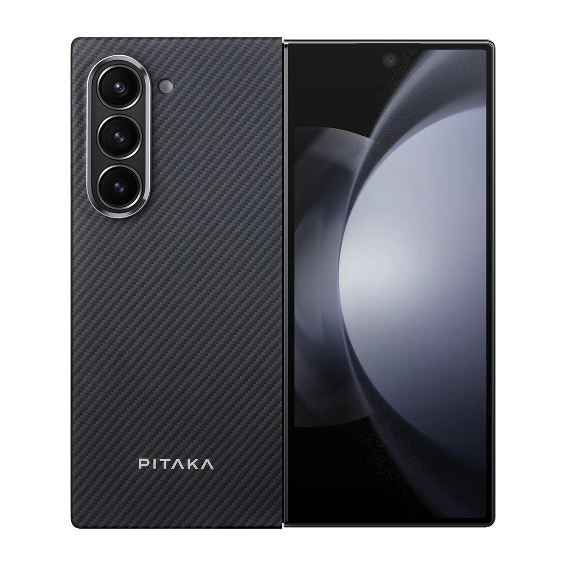 Galaxy Z Fold 6 Kılıf M-safe Şarj Özellikli 600D Aramid Fiber Pitaka Ultra-Slim Classic Serisi Black-Grey Twill Kapak Siyah-Gri