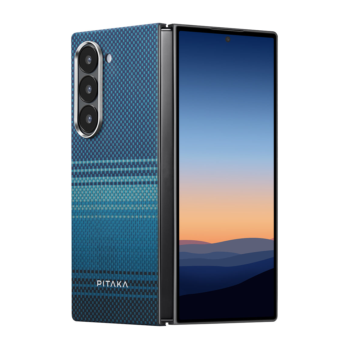 Galaxy Z Fold 6 Kılıf M-safe Şarj Özellikli Aramid Fiber Pitaka Tactile Woven Sunset-Moonrise Serisi Moonrise Kapak Mavi