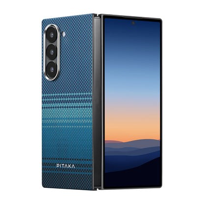 Galaxy Z Fold 6 Kılıf M-safe Şarj Özellikli Aramid Fiber Pitaka Tactile Woven Sunset-Moonrise Serisi Moonrise Kapak Mavi