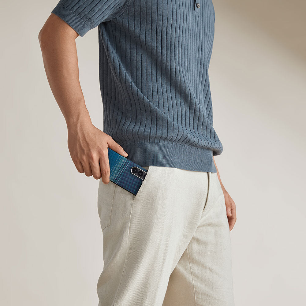 Galaxy Z Fold 6 Kılıf M-safe Şarj Özellikli Aramid Fiber Pitaka Tactile Woven Sunset-Moonrise Serisi Moonrise Kapak Mavi