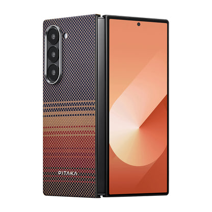 Galaxy Z Fold 6 Kılıf M-safe Şarj Özellikli Aramid Fiber Pitaka Tactile Woven Sunset-Moonrise Serisi Sunset Kapak Kahverengi