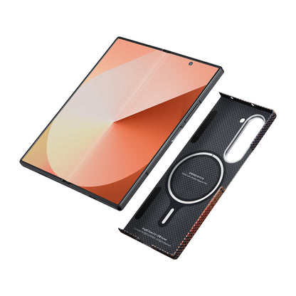 Galaxy Z Fold 6 Kılıf M-safe Şarj Özellikli Aramid Fiber Pitaka Tactile Woven Sunset-Moonrise Serisi Sunset Kapak Kahverengi