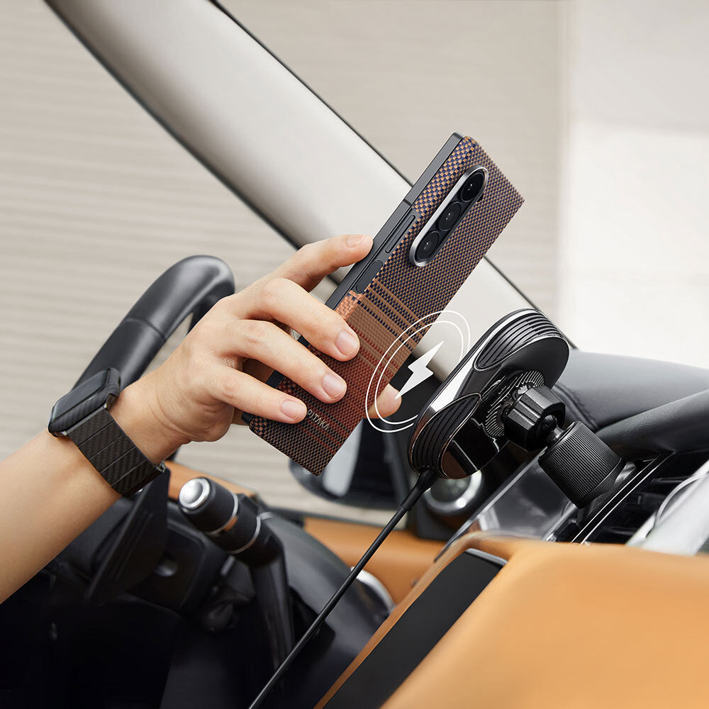 Galaxy Z Fold 6 Kılıf M-safe Şarj Özellikli Aramid Fiber Pitaka Tactile Woven Sunset-Moonrise Serisi Sunset Kapak Kahverengi