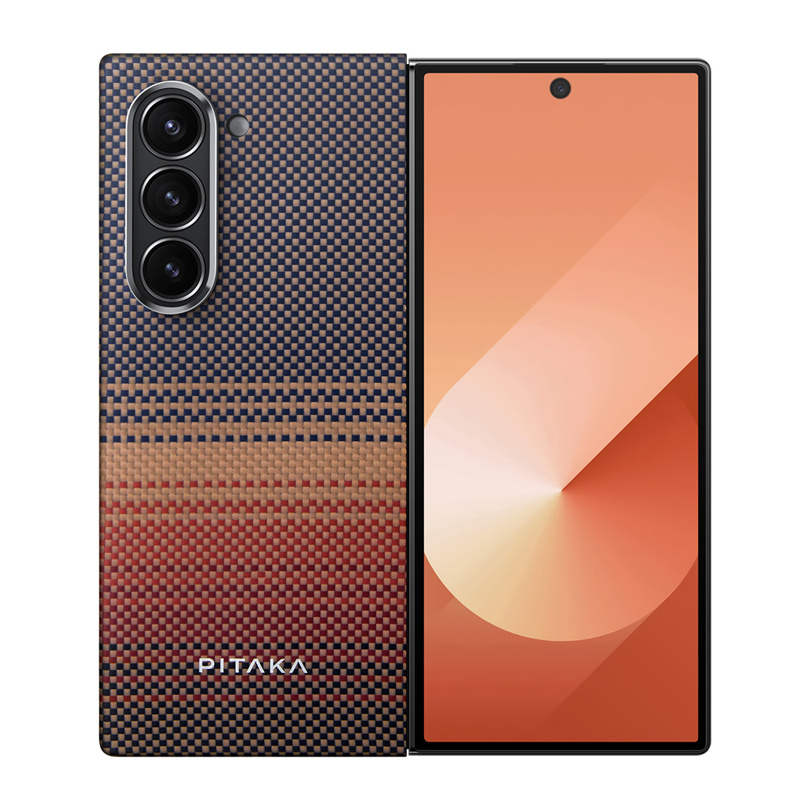 Galaxy Z Fold 6 Kılıf M-safe Şarj Özellikli Aramid Fiber Pitaka Tactile Woven Sunset-Moonrise Serisi Sunset Kapak Kahverengi