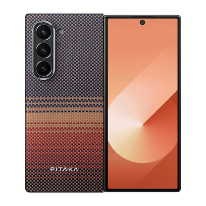 Galaxy Z Fold 6 Kılıf M-safe Şarj Özellikli Aramid Fiber Pitaka Tactile Woven Sunset-Moonrise Serisi Sunset Kapak Kahverengi