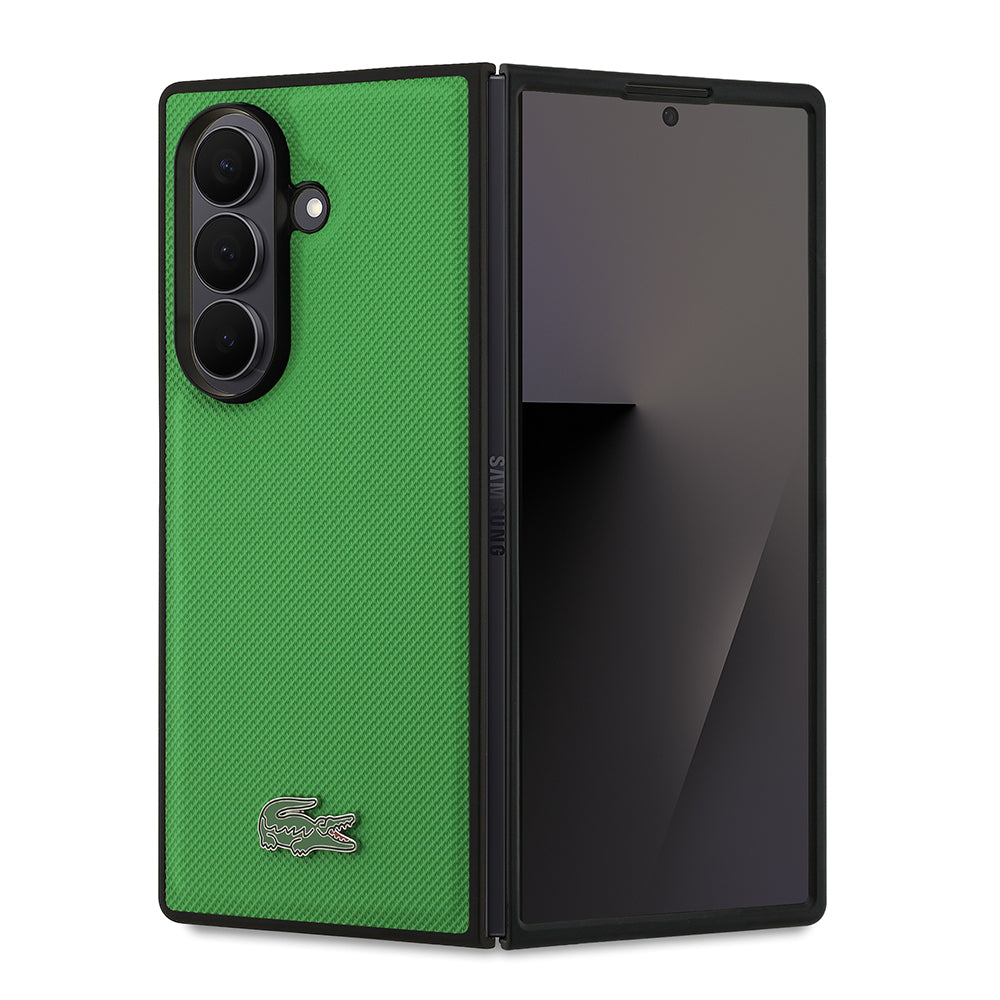 Galaxy Z Fold 7 Kılıf Lacoste Orjinal Lisanslı M-safe Şarj Özellikli Pike Desenli Arka Yüzey İkonik Timsah Metal Logolu Kapak Yeşil