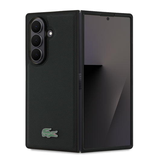 Galaxy Z Fold 7 Kılıf Lacoste Orjinal Lisanslı M-safe Şarj Özellikli Pike Desenli Arka Yüzey İkonik Timsah Metal Logolu Kapak Siyah