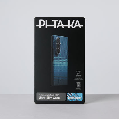 Galaxy Z Fold 7 Kılıf M-safe Şarj Özellikli Aramid Fiber Pitaka Tactile Woven Sunset-Moonrise Serisi Kapak Mavi