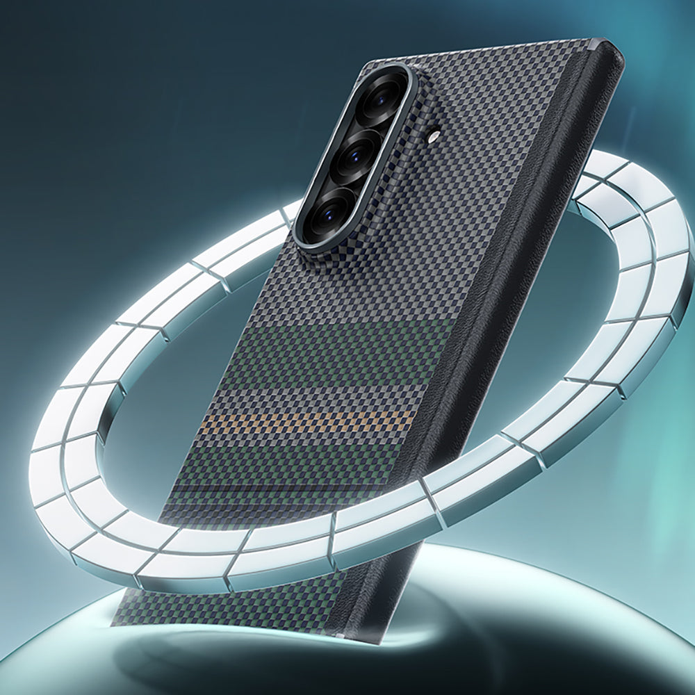 Galaxy Z Fold 7 Kılıf M-safe Şarj Özellikli Karbon Fiber Tasarımlı Benks Aurora ArmorAir Kevlar Kapak Yeşil