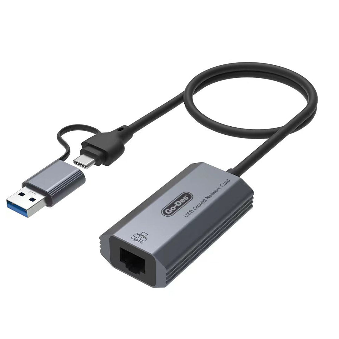 Go Des GD-6836 RJ45 to Type-C ve USB-A Gigabit Ethernet Dönüştürücü Kablo 1000Mbps 50cm Siyah