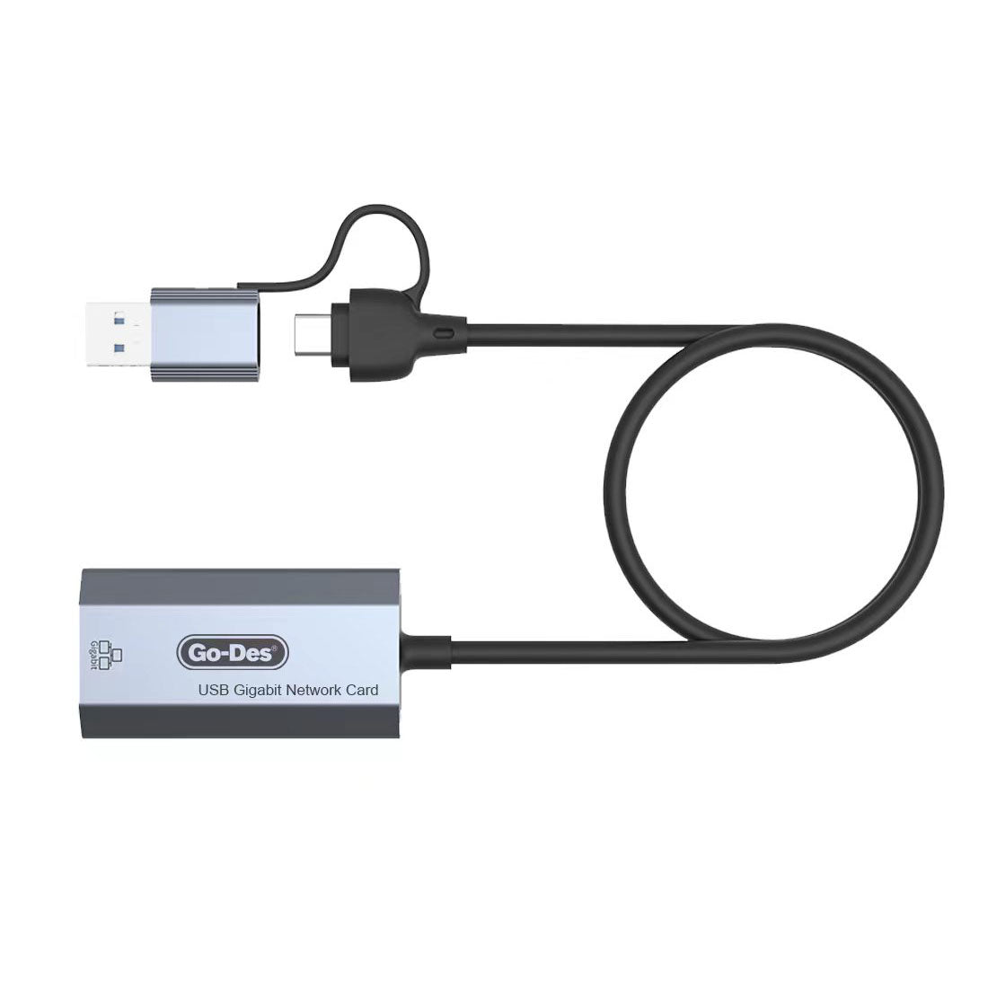 Go Des GD-6836 RJ45 to Type-C ve USB-A Gigabit Ethernet Dönüştürücü Kablo 1000Mbps 50cm Siyah