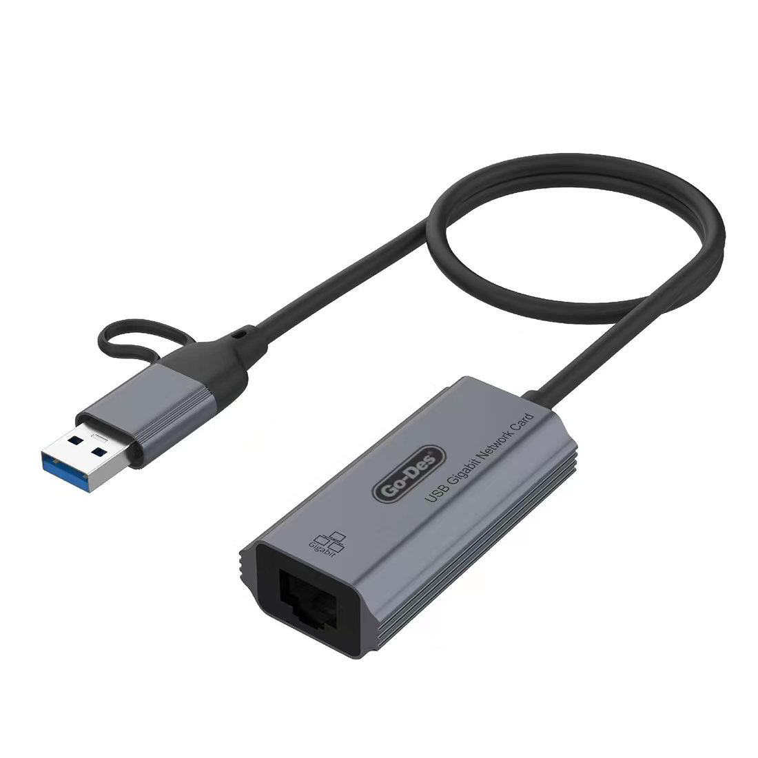 Go Des GD-6836 RJ45 to Type-C ve USB-A Gigabit Ethernet Dönüştürücü Kablo 1000Mbps 50cm Siyah
